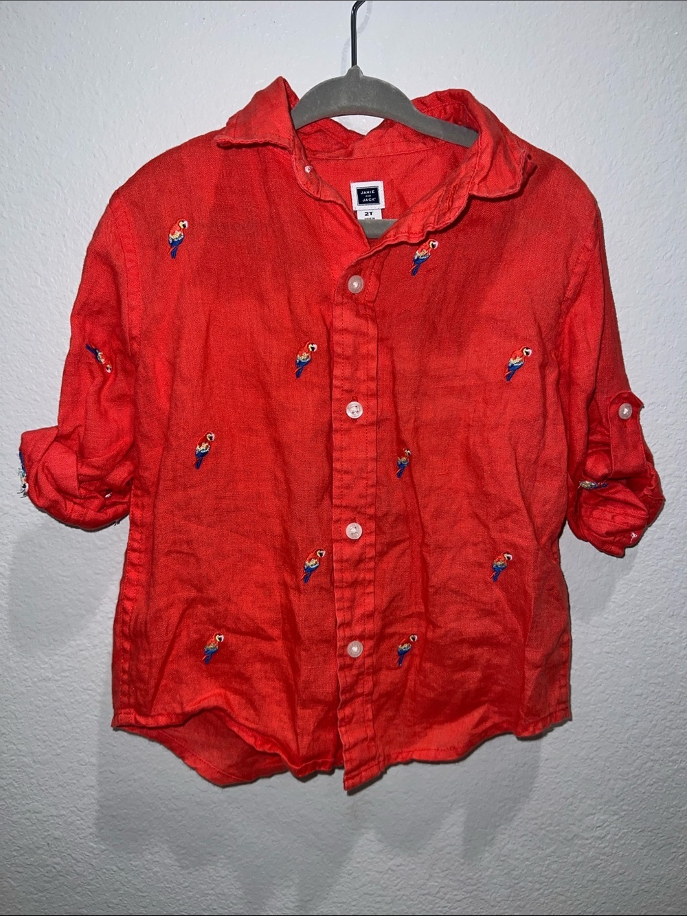 Linen Button-Down Shirt with Parrot Embroidery